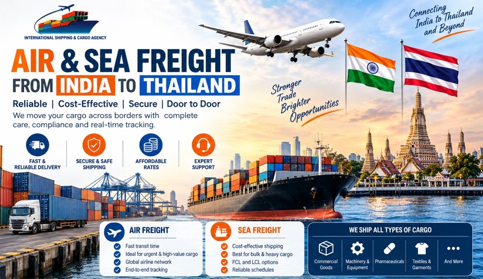 Air and sea freight services from India to Thailand, including cargo transportation, customs clearance assistance